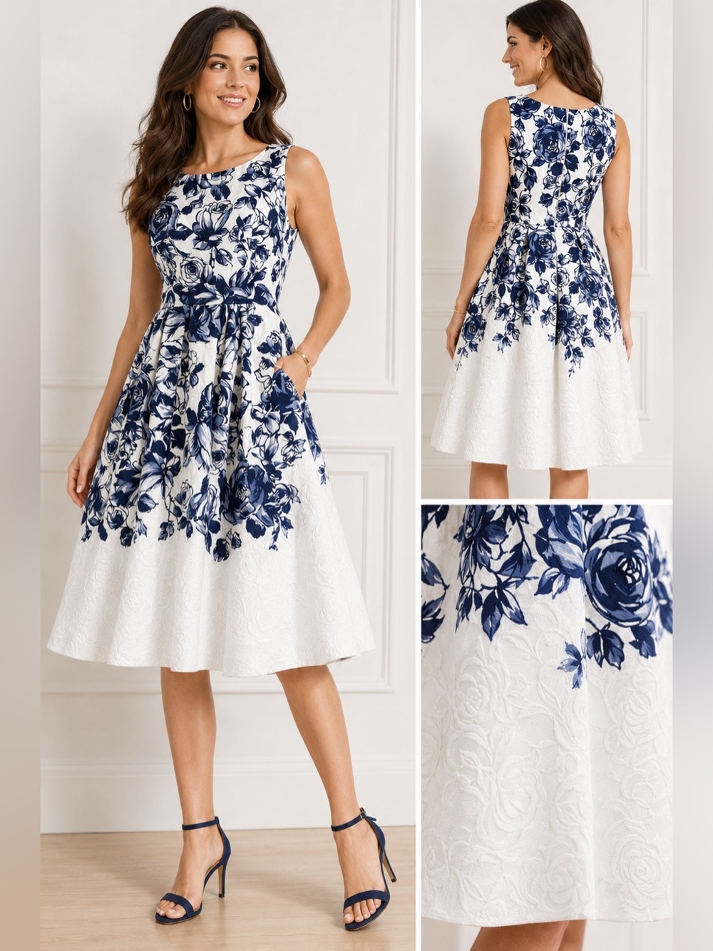 Talbots Blue & White Floral Fit & Flare Dress Size 4